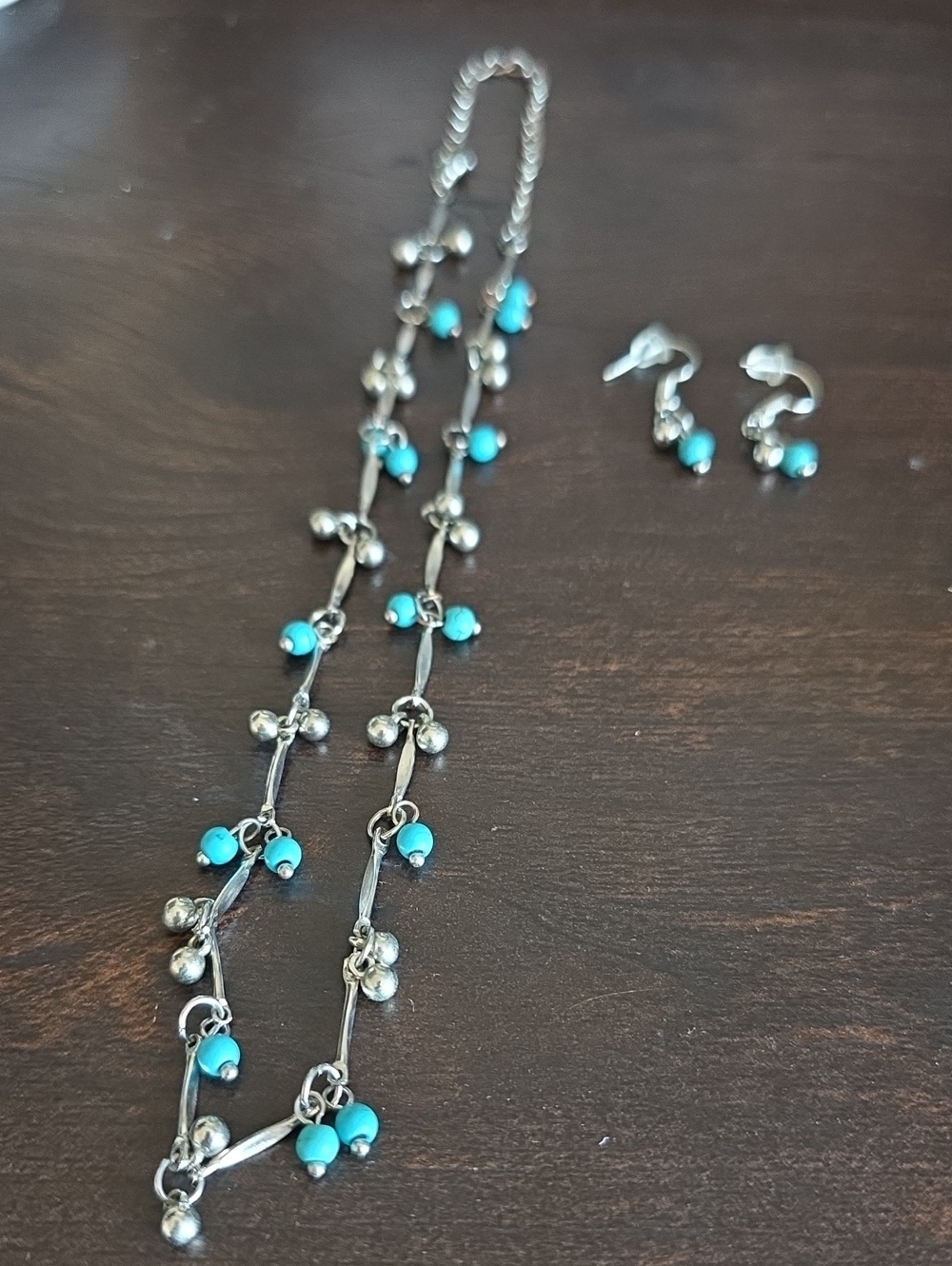 Turquoise Bead Silver-Tone Necklace and Earrings Set